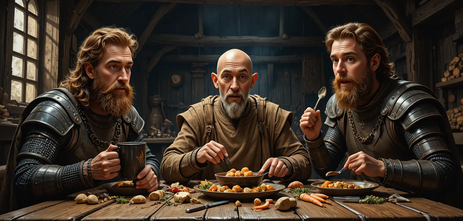 Medieval men dining at a rustic wooden table in shadowy hall