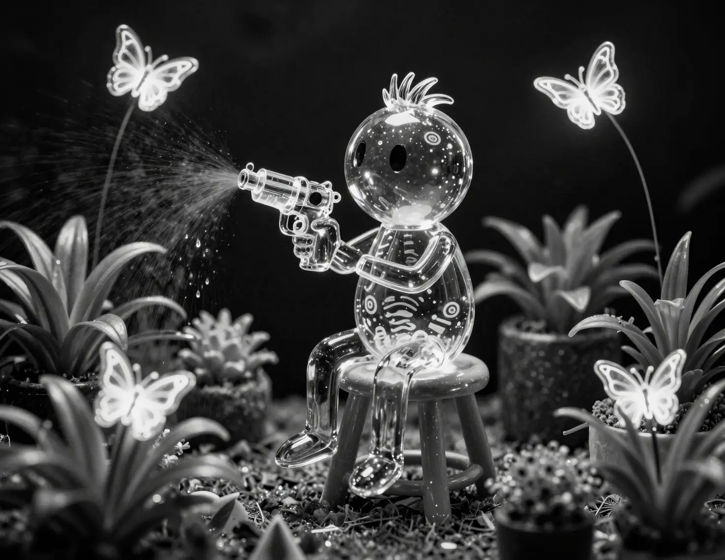 Glass figure with water pistol among ornamental plants