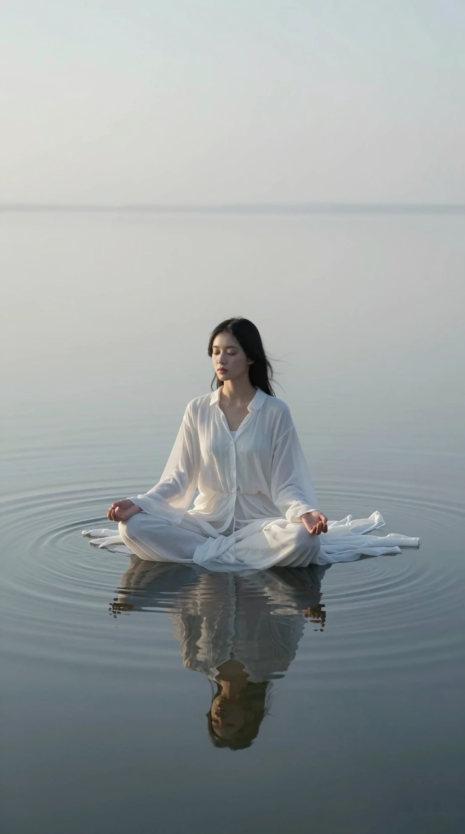 Young woman meditating on a tranquil reflective water plain