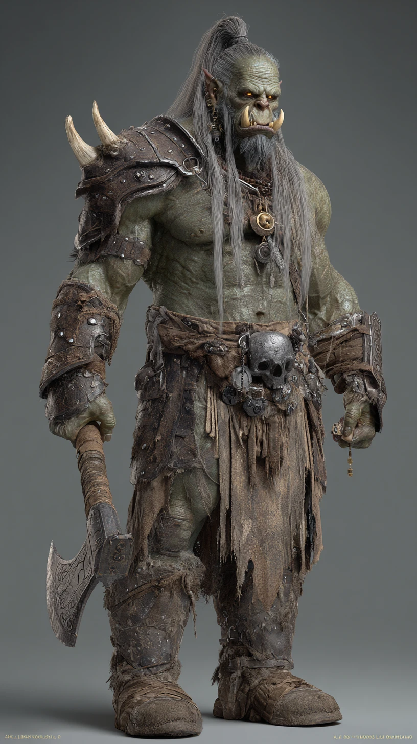 Gigantic zombie orc warrior with decayed bones and axe