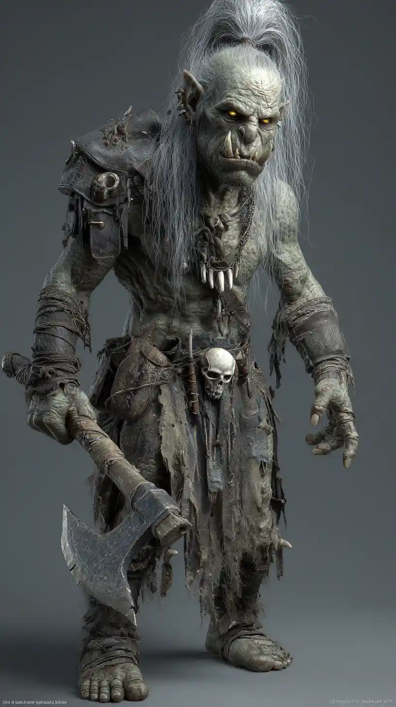 Guerriero orco zombi gigante con ossa esposte e ascia