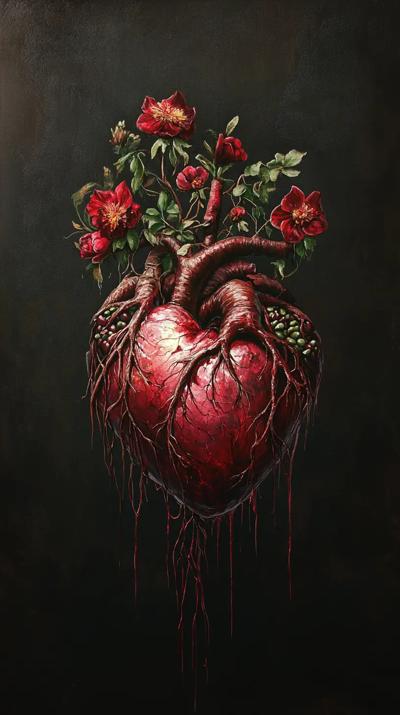 Corazón anatómico surrealista con flores carmesí en plena floración