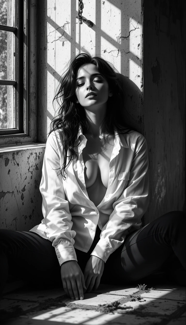 Moody black and white portrait of a woman on floor