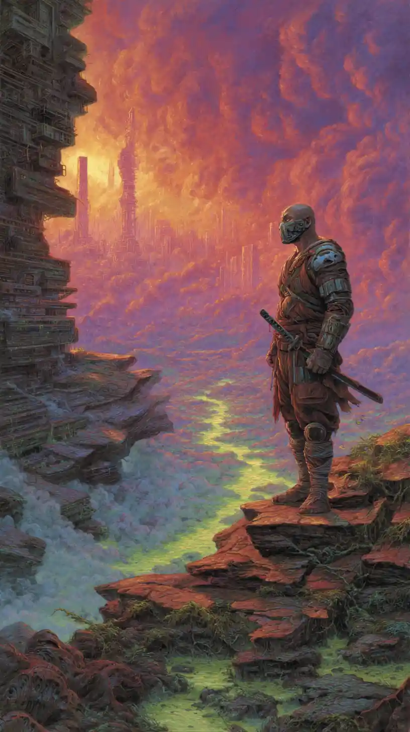 Lone Korean warrior atop a ruined tech spire