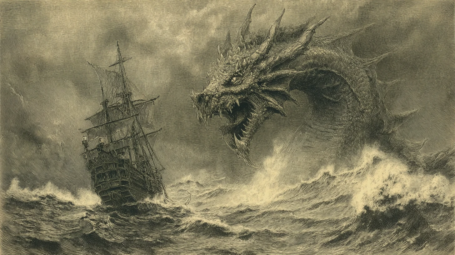 Giant Sea Serpent Attacking Ship On Stormy Ocean