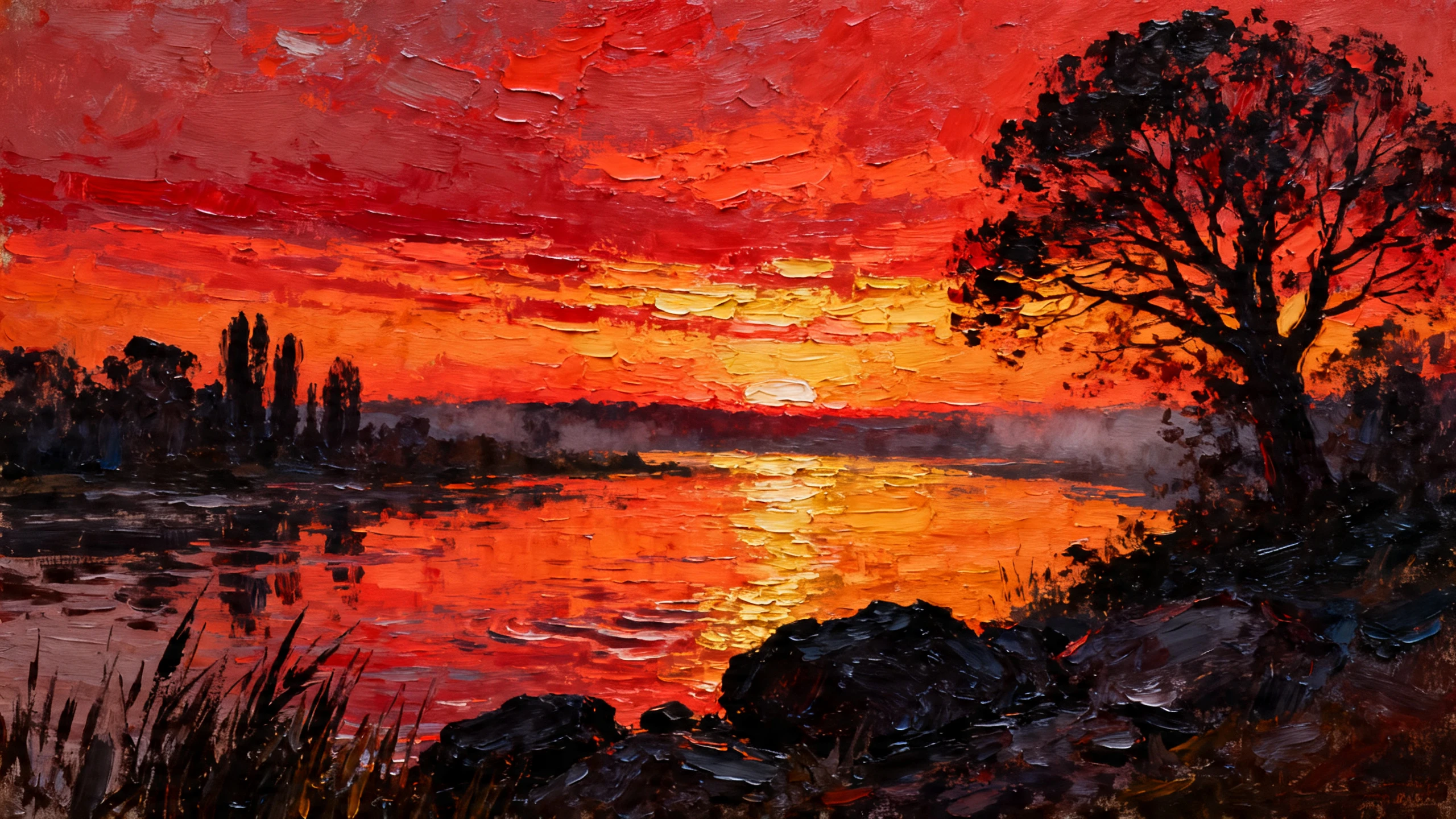 Paisaje de río en impasto con cielo de atardecer dramático