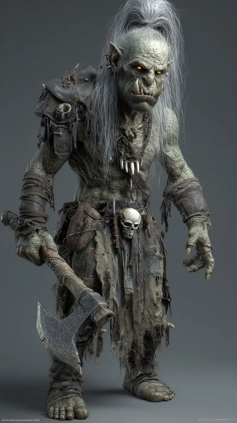 Guerriero orco zombi gigante con ossa esposte e ascia