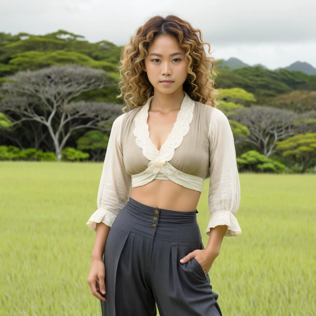 Young woman standing in a field on a cloudy day