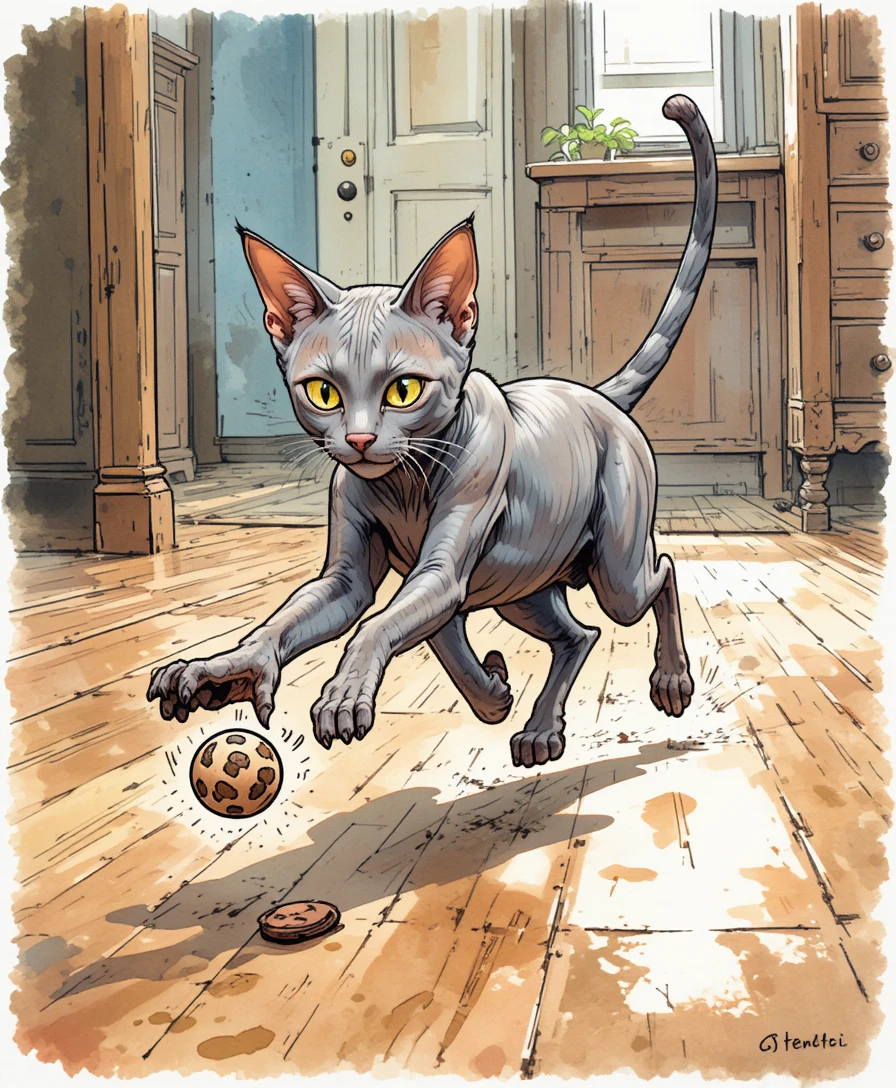Playful sphynx cat leaping toward a bouncing toy indoors