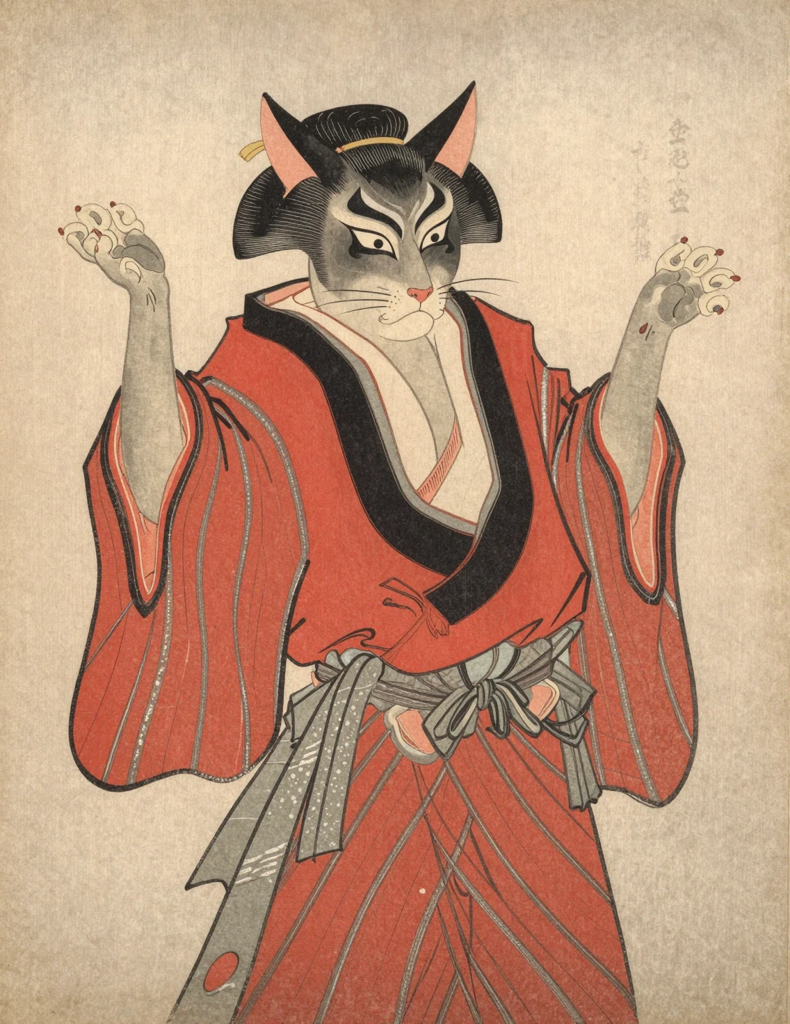 Ukiyo e sphinx cat kabuki actor in striped kimono