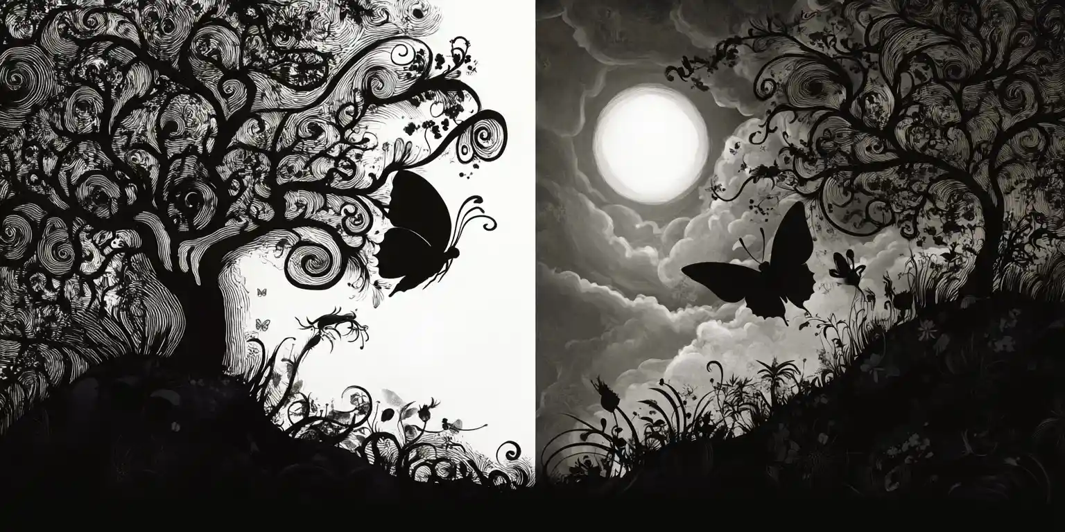 Fairytale diptych of trees and vines under glowing moon