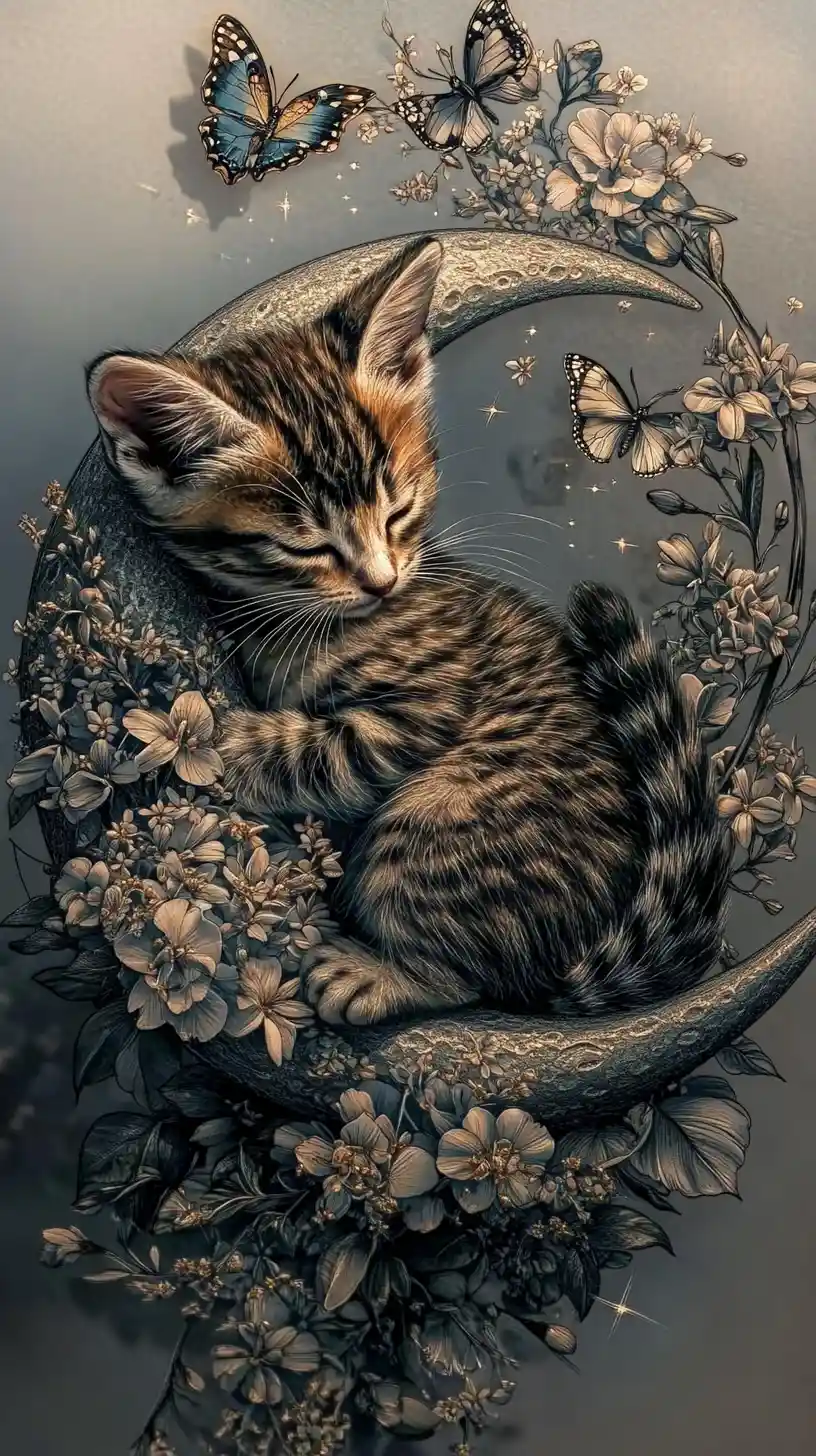 Kitten Curled Around Crescent Moon With Floral Line Art