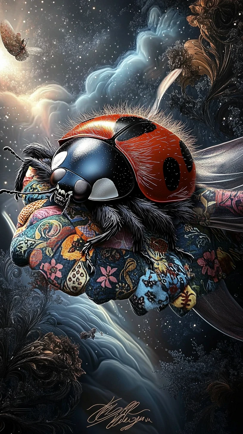 Whimsical ladybug in a colorful patchwork jacket