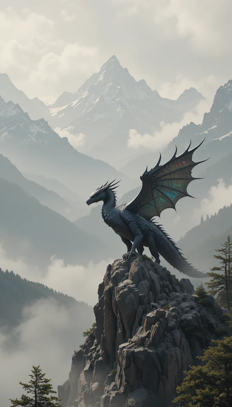 Majestic dragon landing on a misty Japanese mountain peak