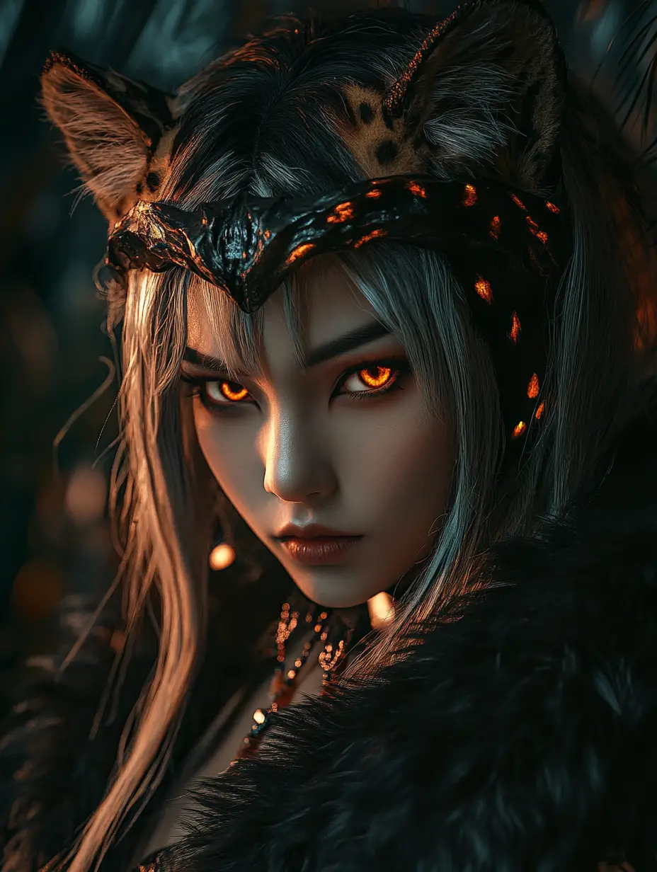 Fierce woman in wild leopard cosplay with ember eyes