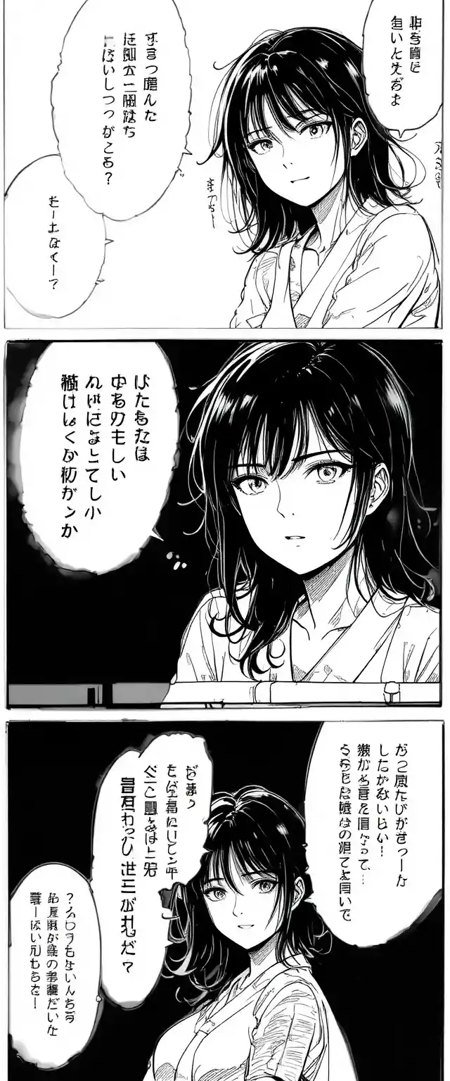 Vertical three panel manga page featuring a detailed girl portrait