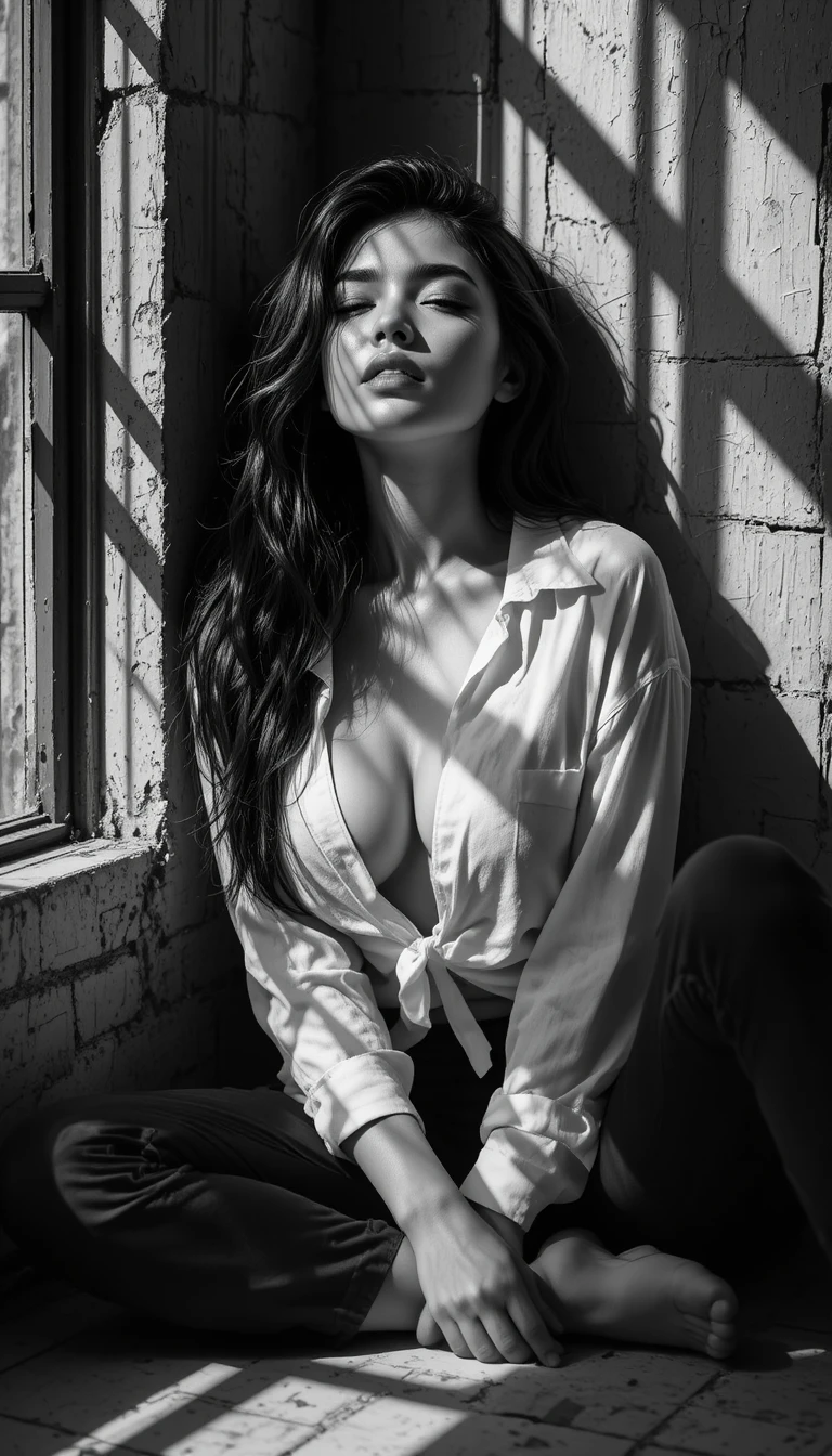Moody black and white portrait of a woman on floor