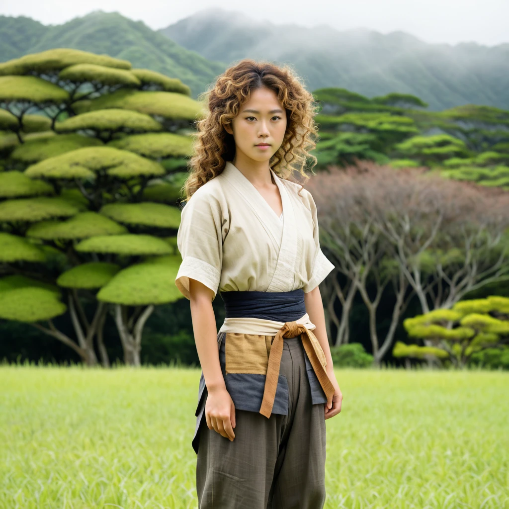 Okinawan woman in loose pants standing in cloudy field