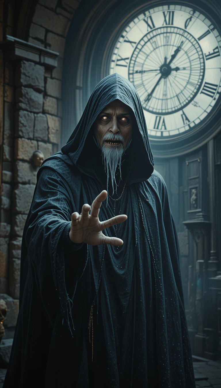 Grim reaper with glowing eyes before ancient stone clock