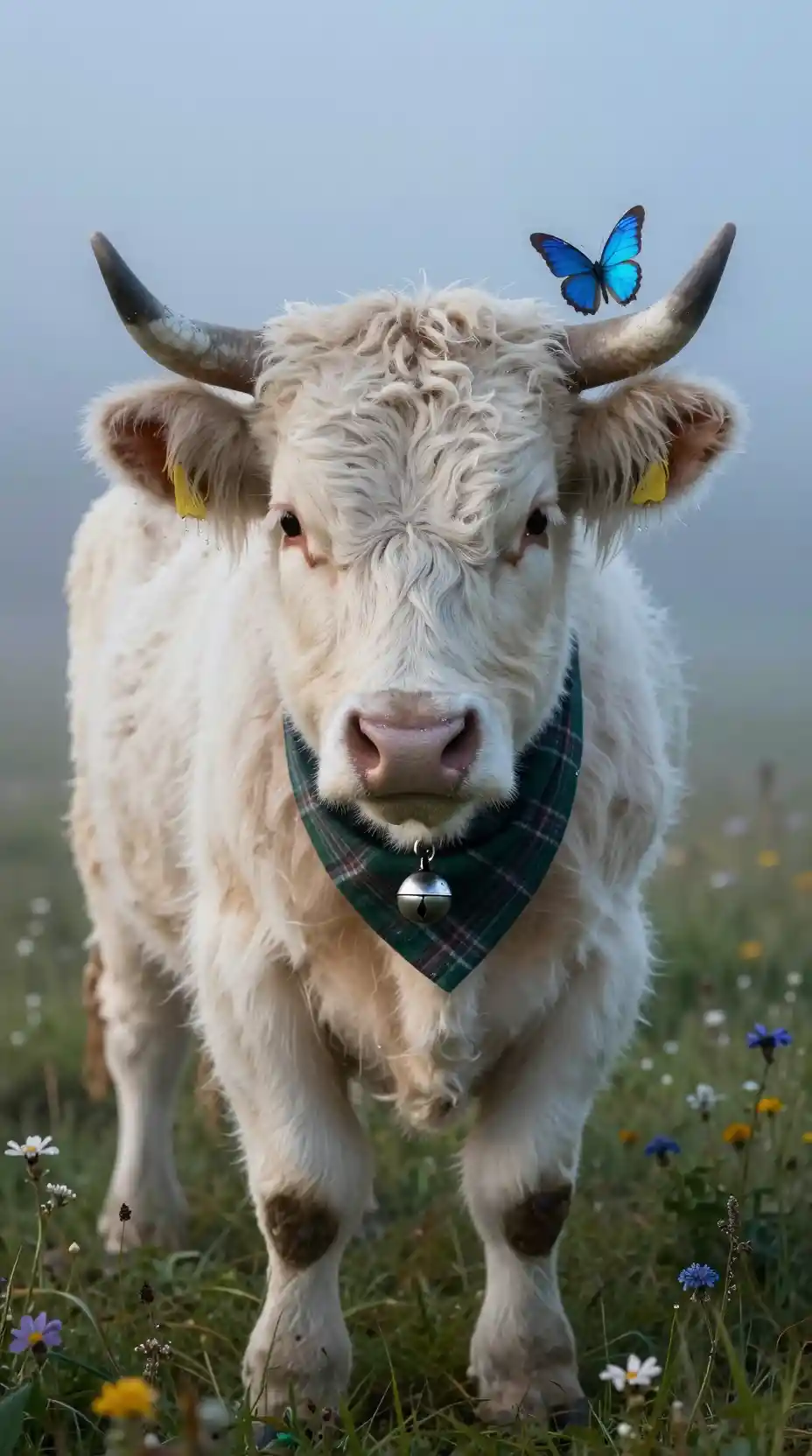 Fluffy baby highland cow with butterfly at dawn