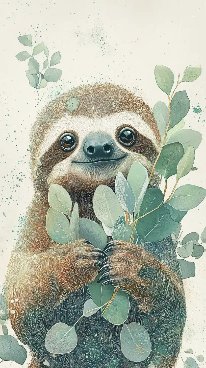 Gentle sloth holding leaves in soft storybook illustration