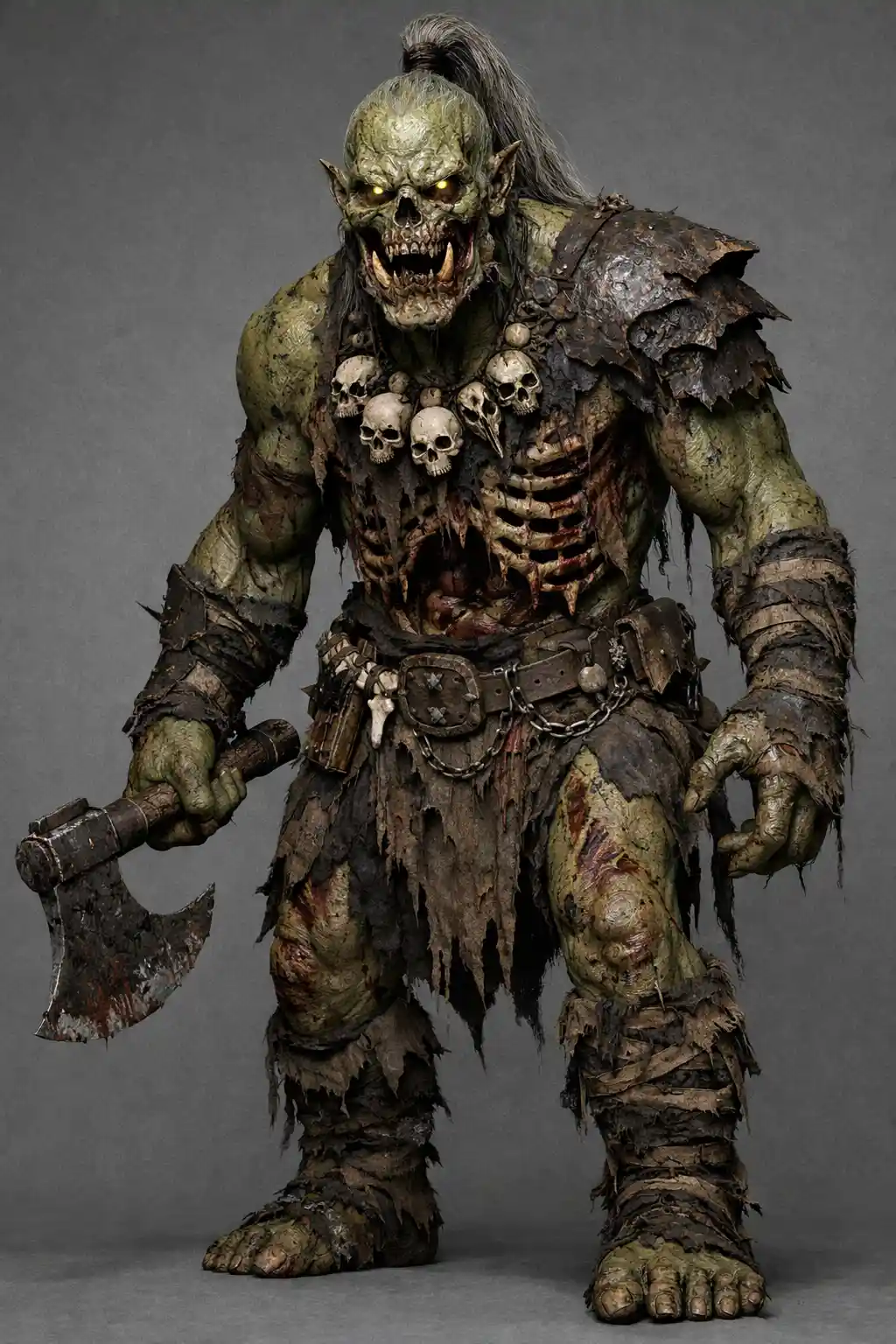 Gigantic zombie orc warrior with axe on gray background