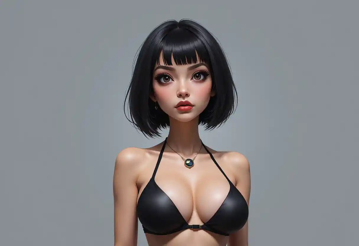 Anime woman in sunglasses and bikini on gray minimalist background
