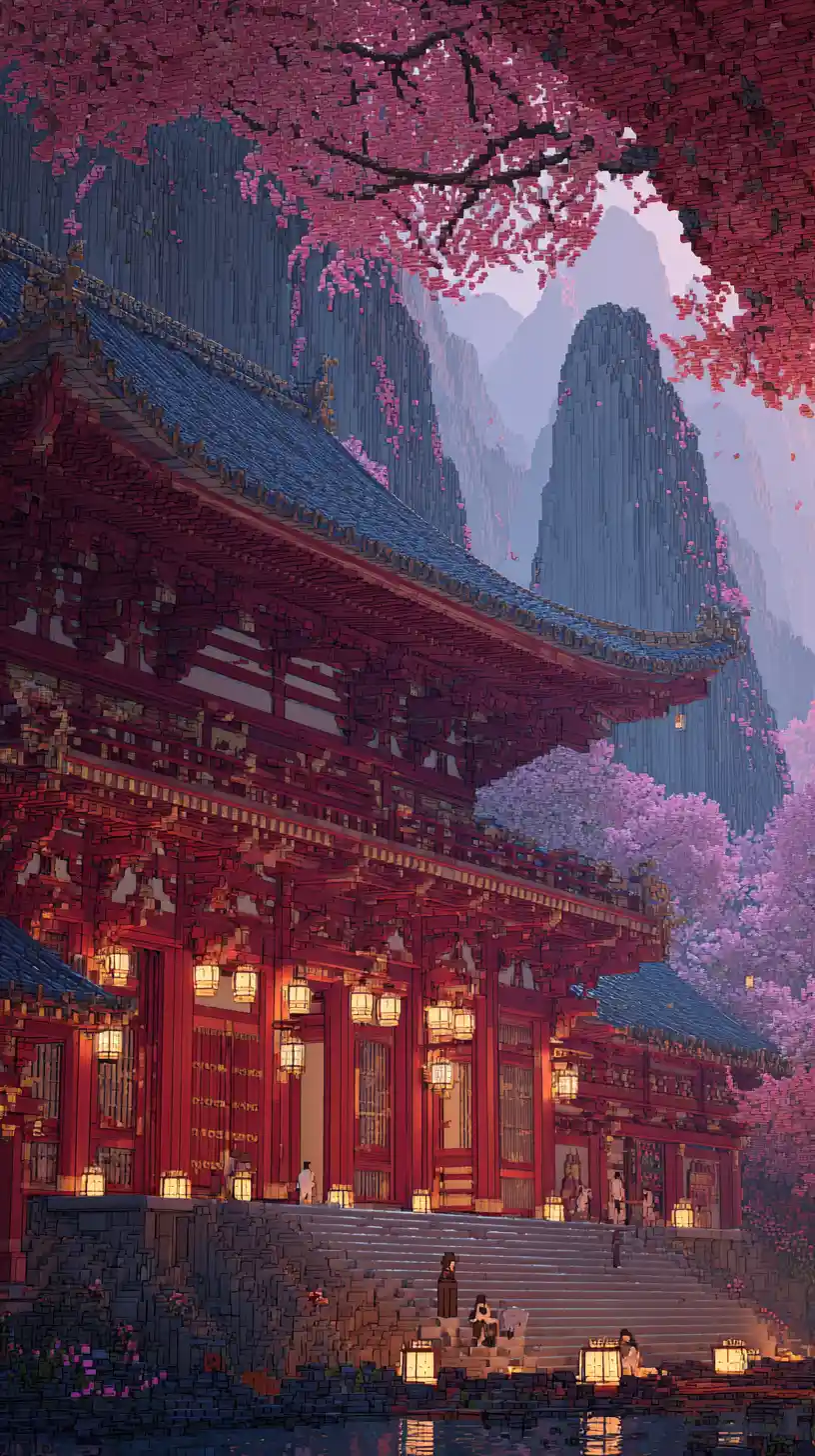 Palácio japonês encantado no vale enevoado de flores de cerejeira
