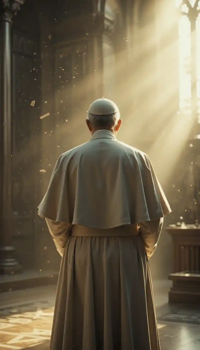 Elderly pope praying quietly in a softly lit chapel