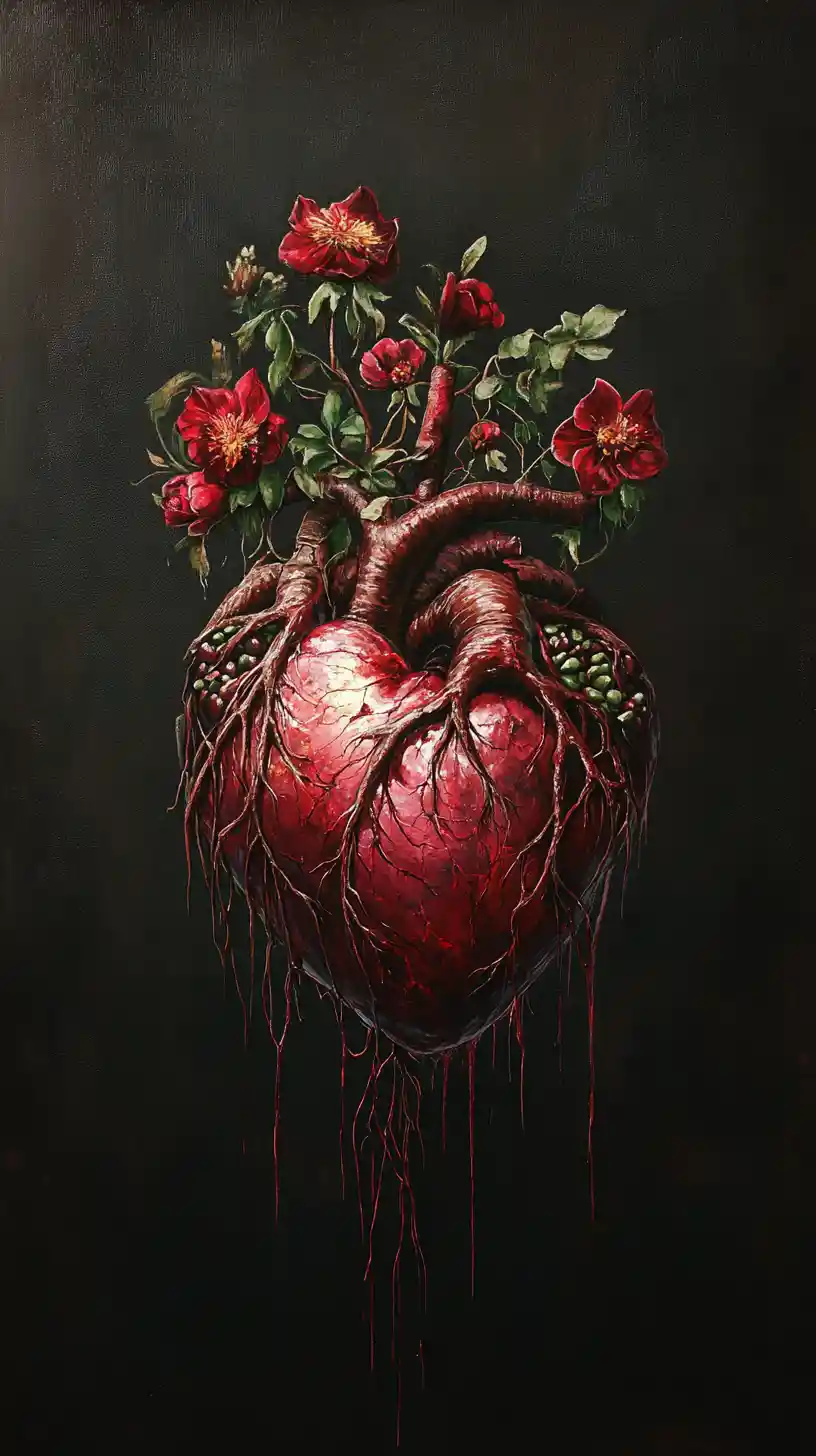 Corazón anatómico surrealista con flores carmesí en plena floración