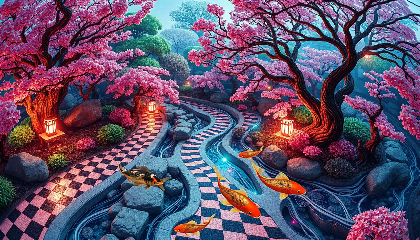 Cybernetic zen garden with checkerboard paths and fractal shores