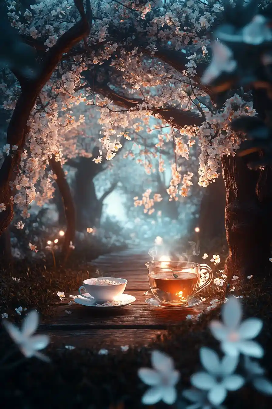 Peaceful dreamscape with a cup of jasmine scented tea