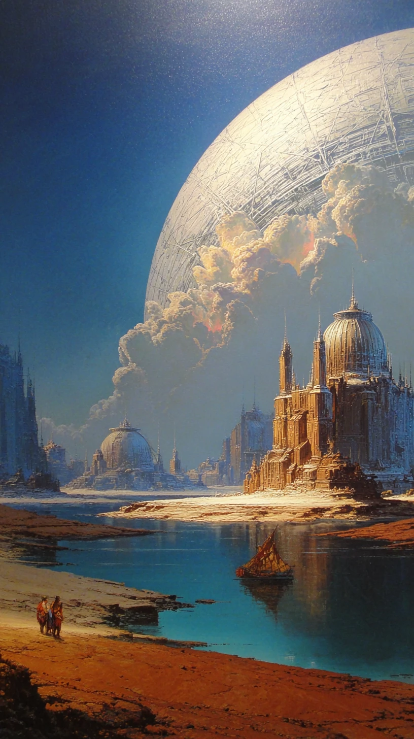 Epic fantasy heroes before a domed futuristic cityscape