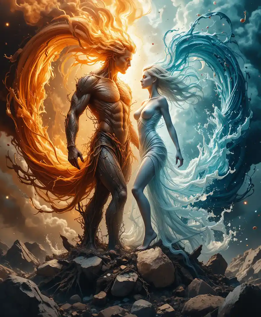 Elemental Adam and Eve Rising From Chaotic Cosmic Forces