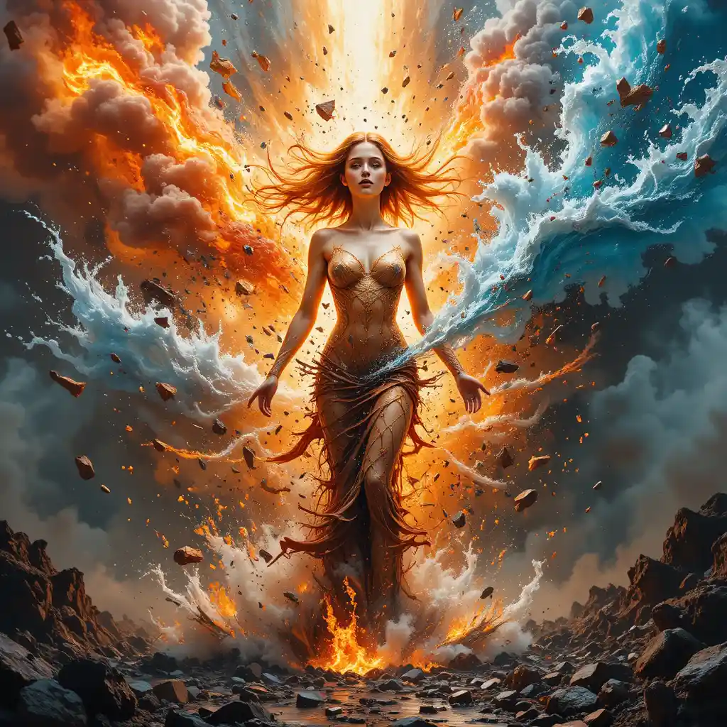 Surreal elemental woman emerging from a chaotic explosion