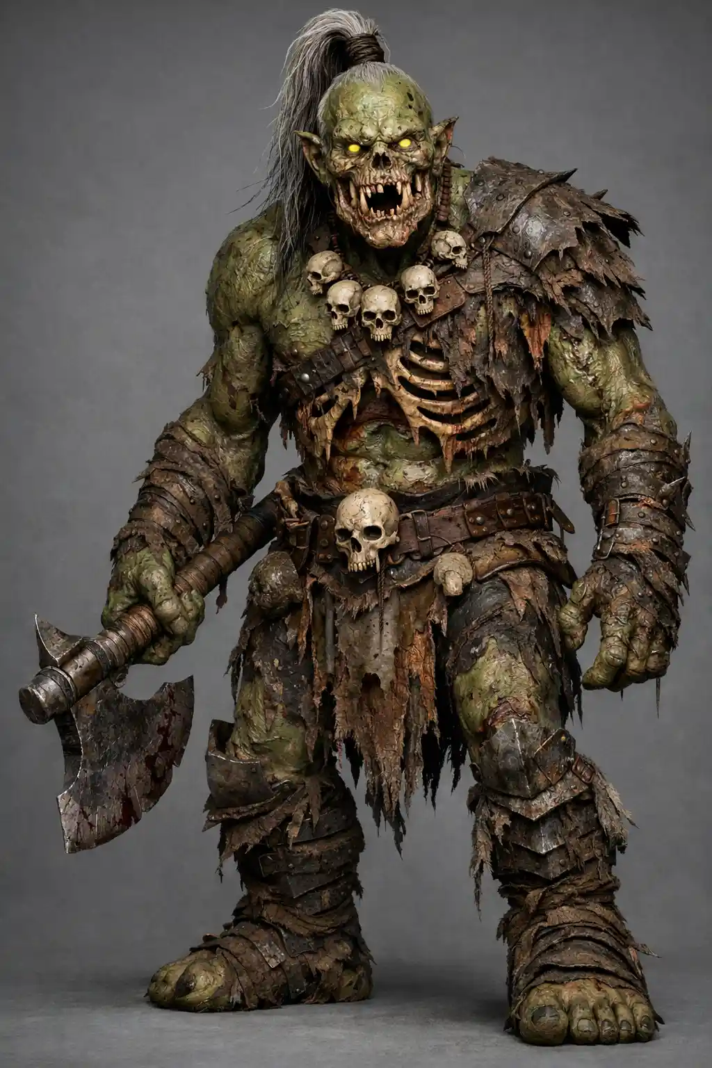 Gigantic zombie orc warrior with rotting tusks and axe