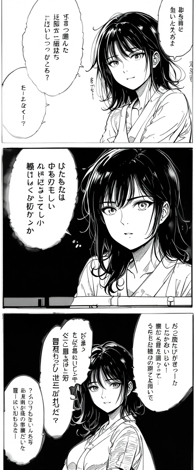 Vertical three panel manga page featuring a detailed girl portrait