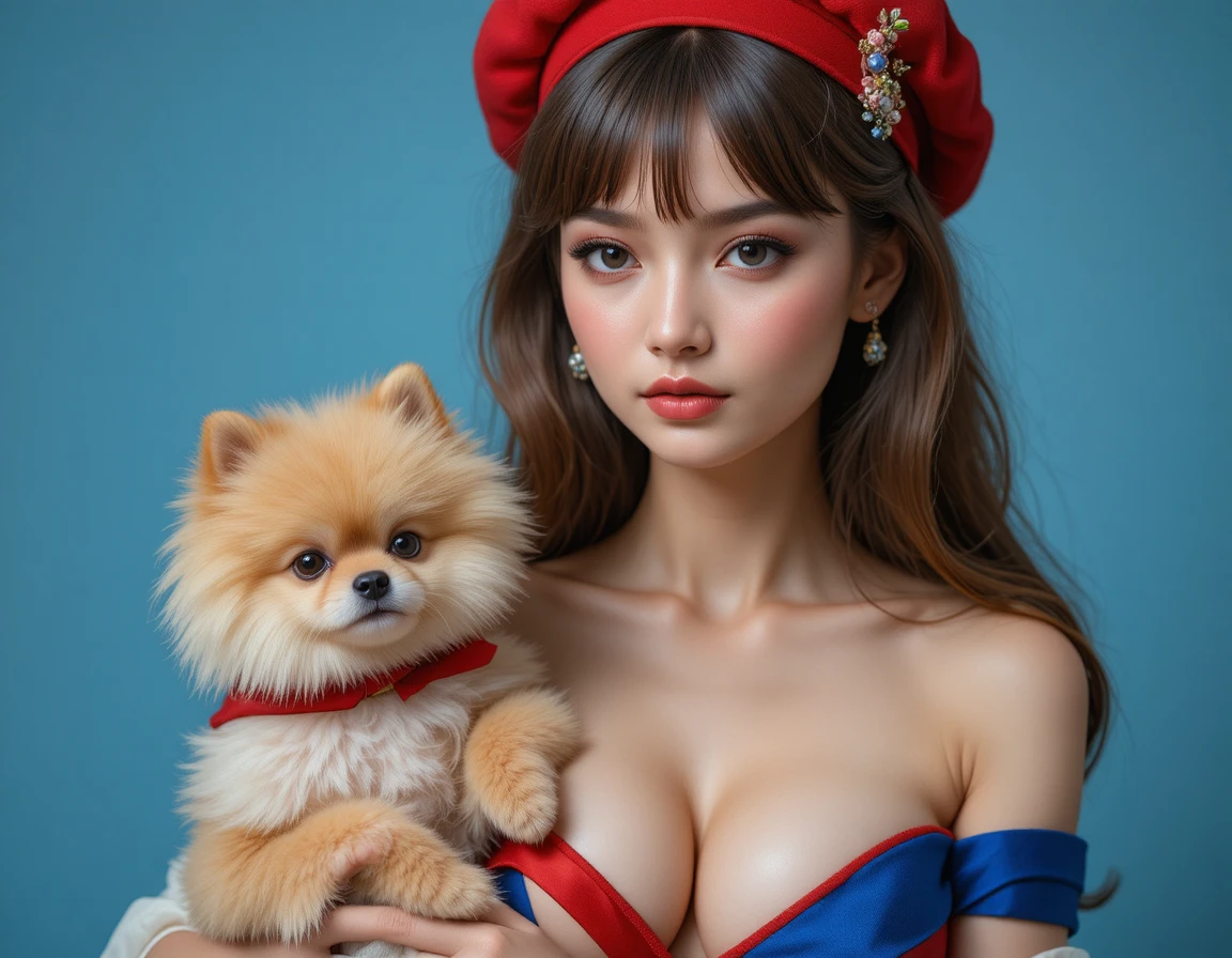 Stylish woman in red beret holding fluffy Pomeranian dog
