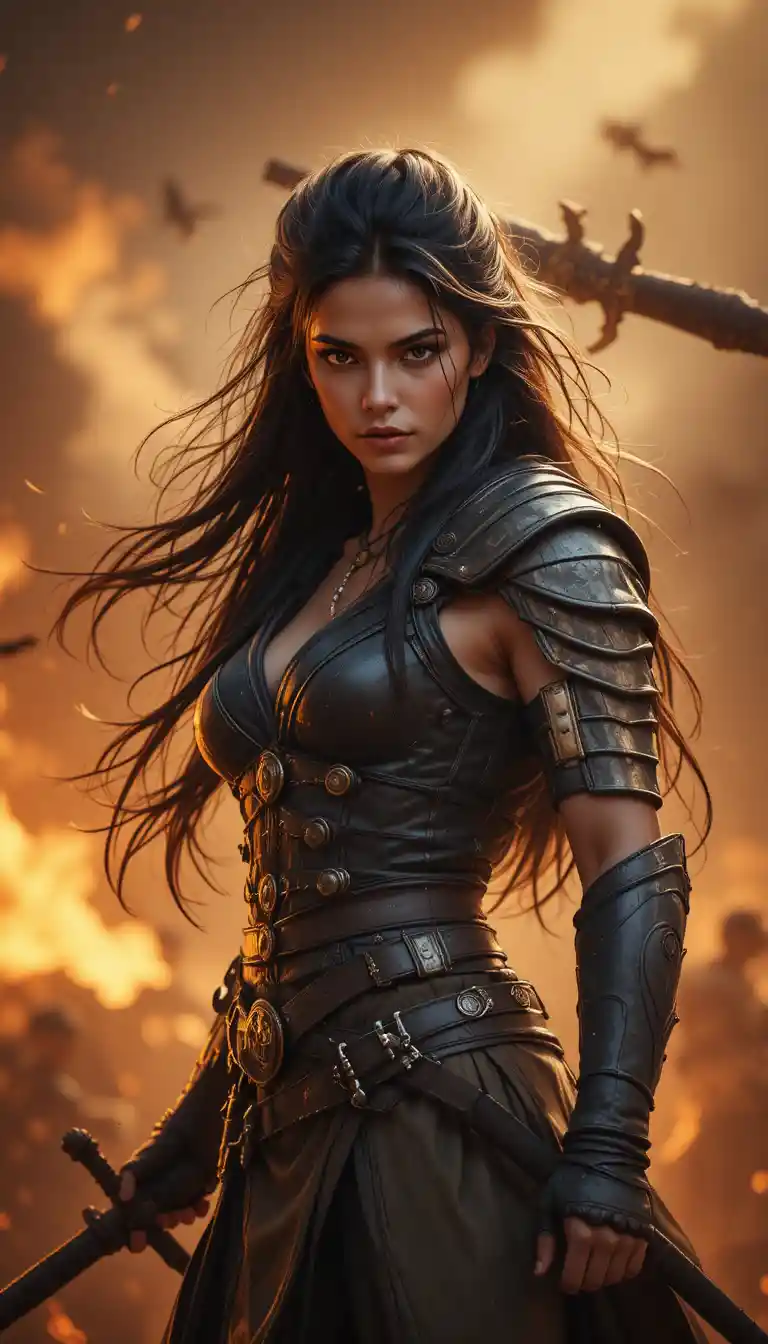 Female warrior poised to strike against fiery battle sky