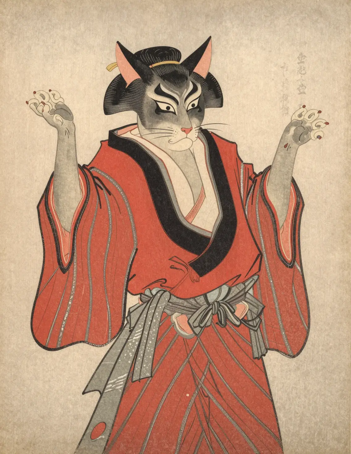 Gatto sfinge kabuki in stile ukiyo-e con kimono a righe