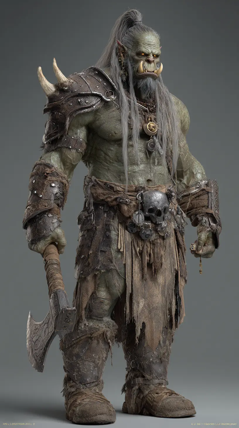Gigantic zombie orc warrior with decayed bones and axe