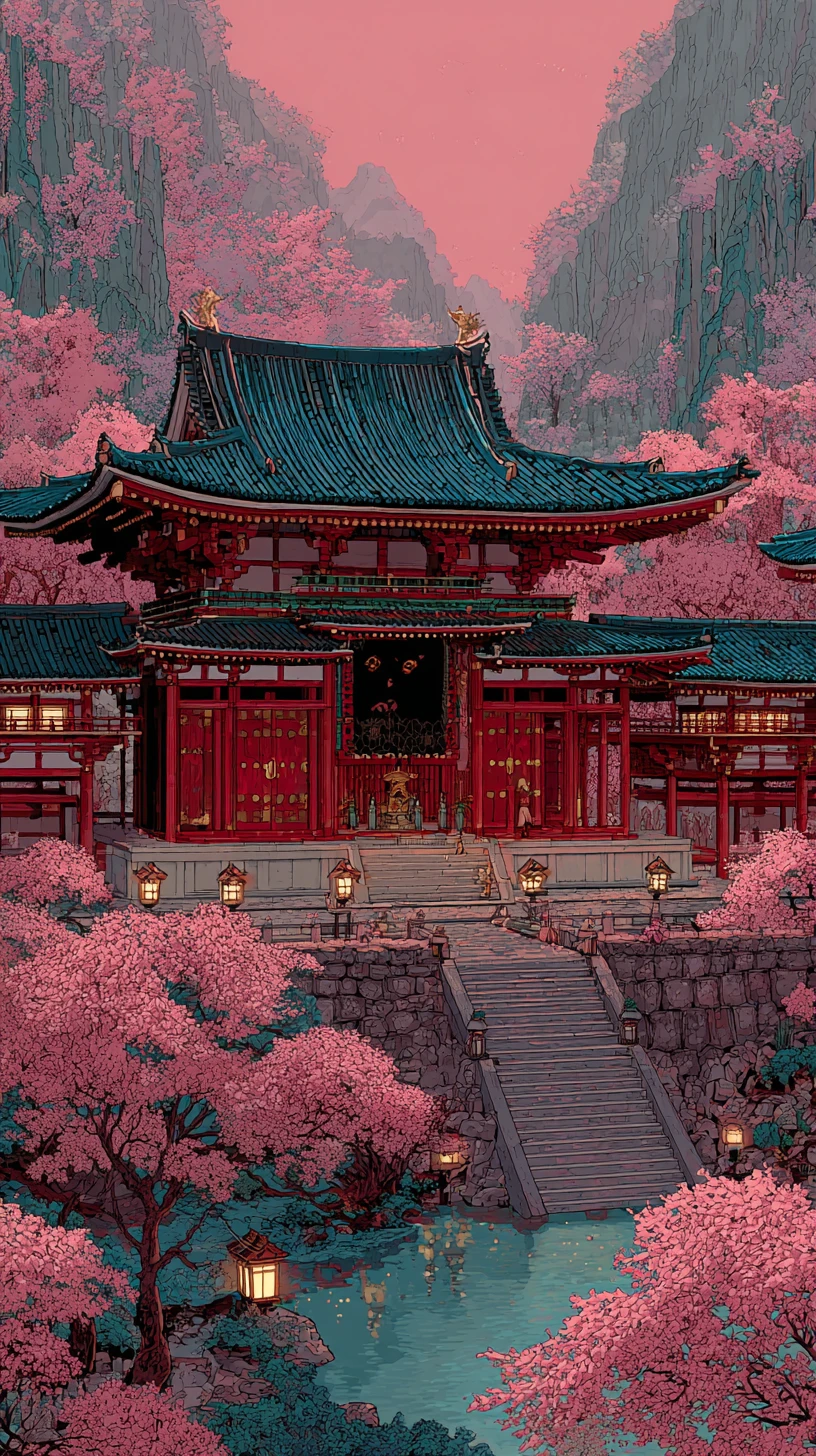 Majestischer japanischer Palast in einem leuchtenden Fantasy-Tal
