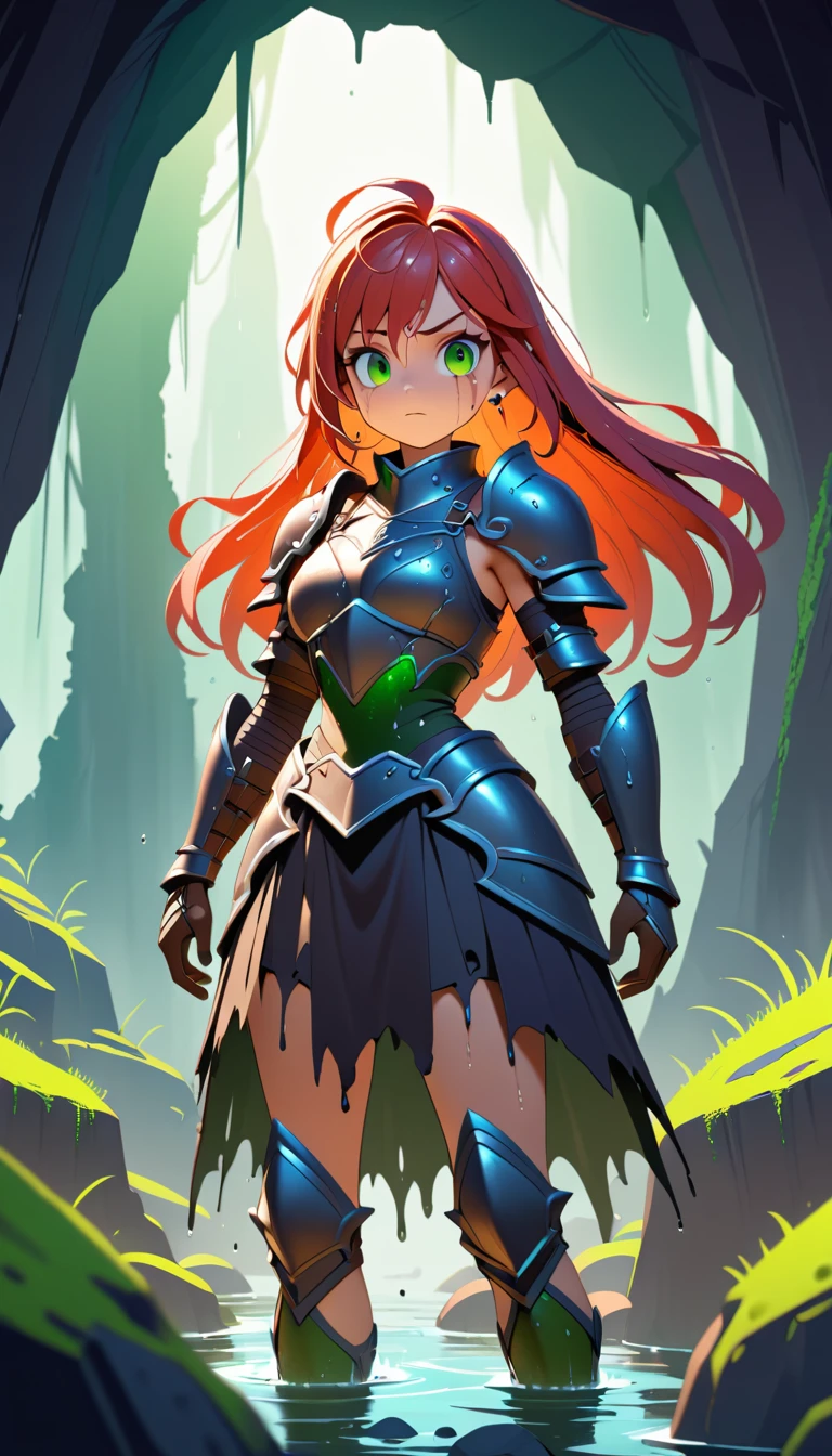 Battle scarred female warrior in armor within dark cave