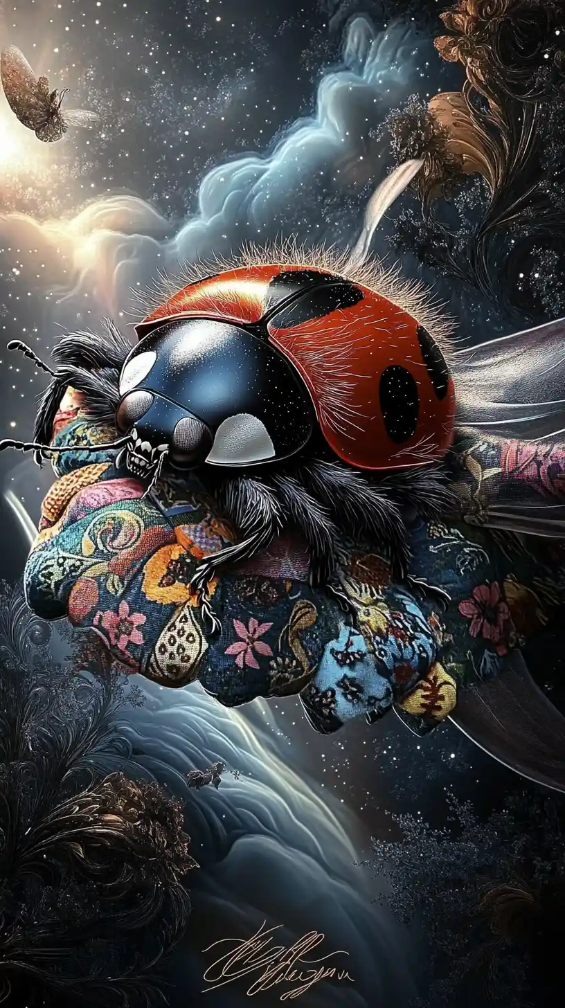 Whimsical ladybug in a colorful patchwork jacket