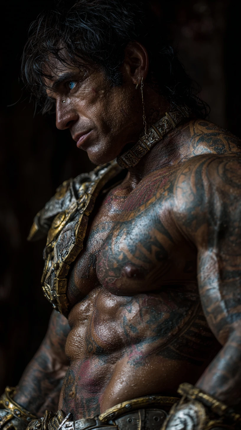 Arabian warrior bodybuilder in sci fi armor profile pose