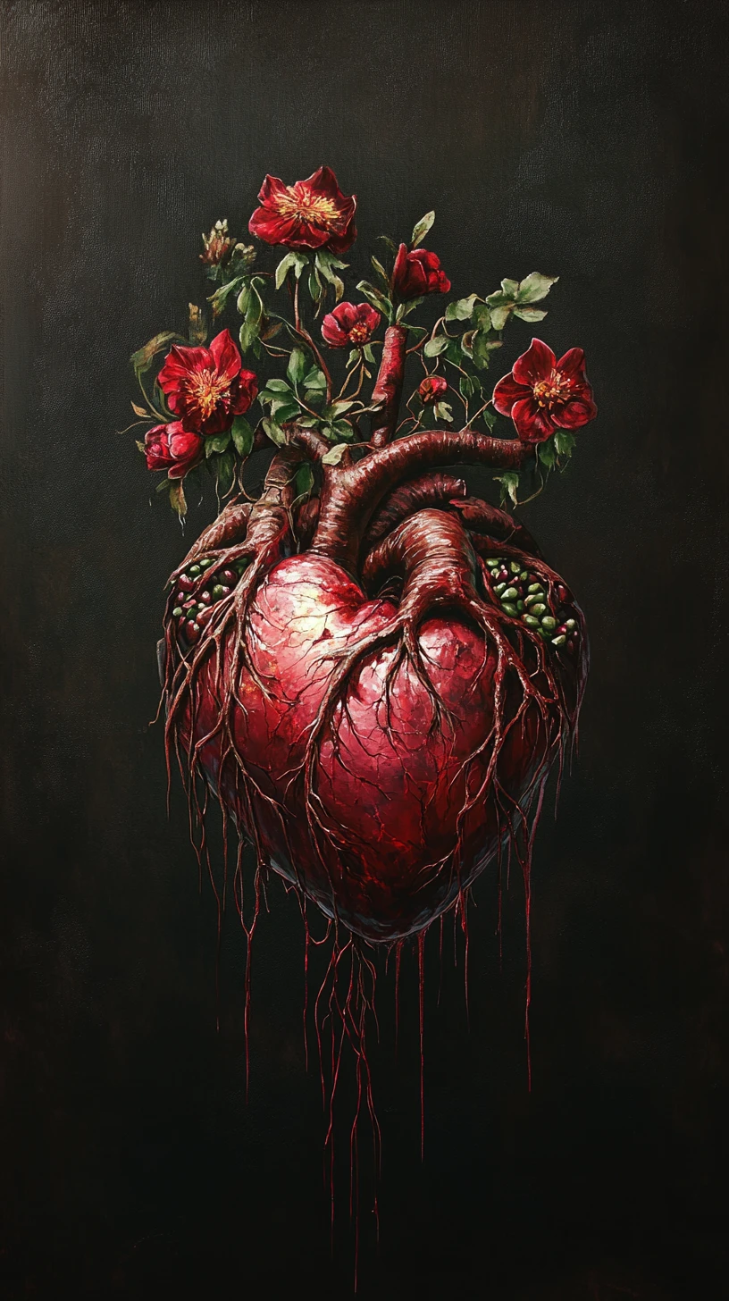 Corazón anatómico surrealista con flores carmesí en plena floración