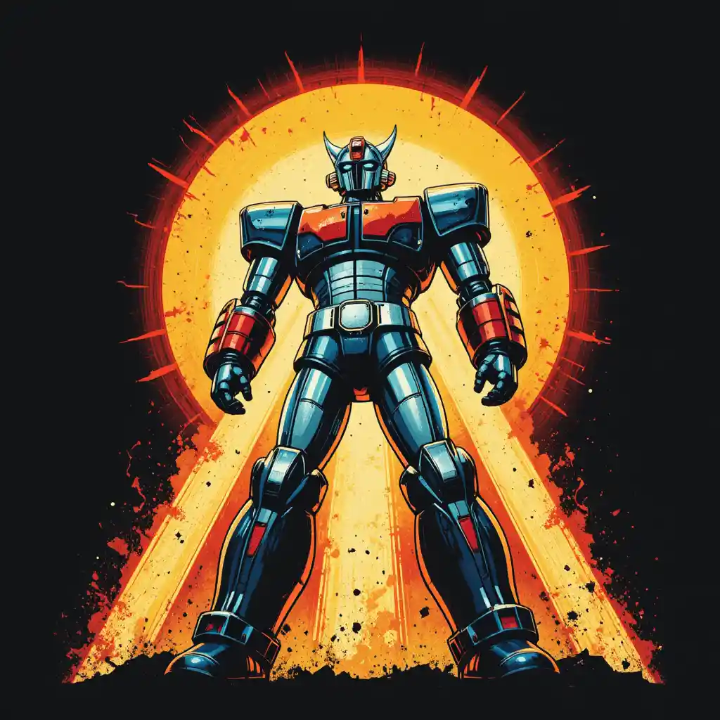 Vintage giant robot illustration with dramatic glowing backlight