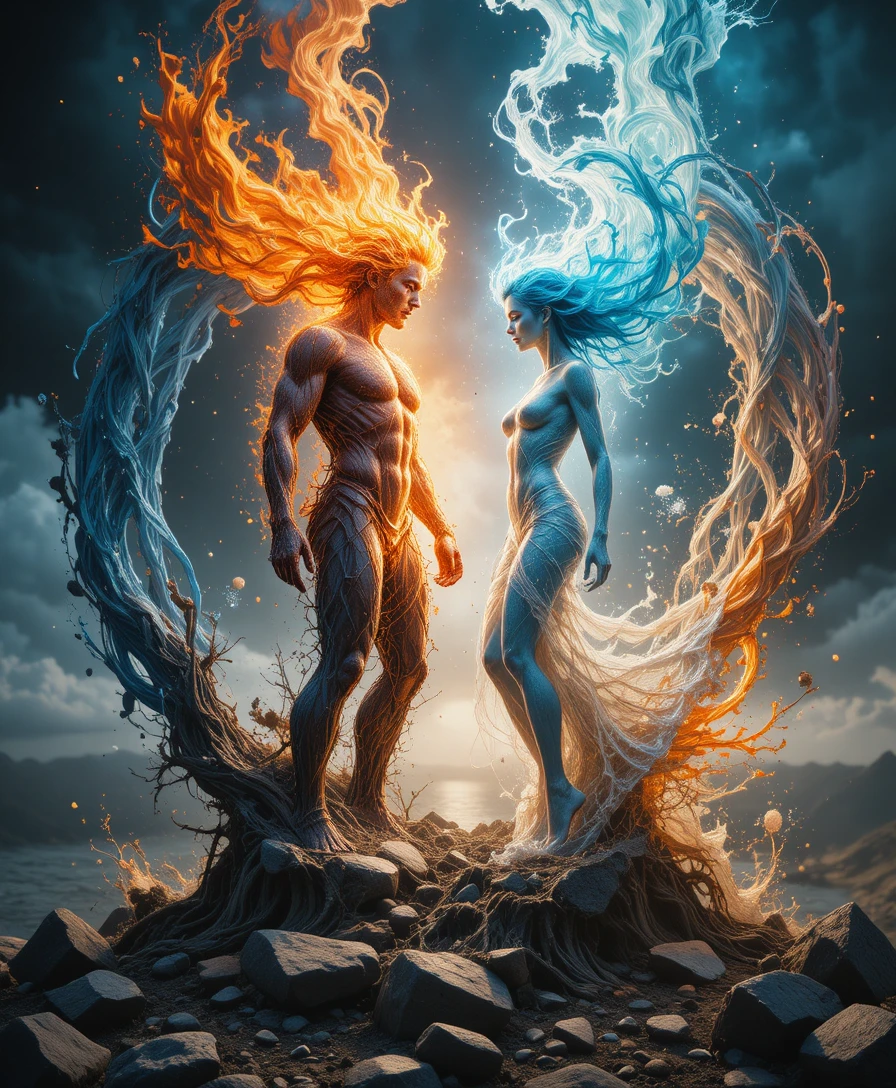 Elemental Adam and Eve Formed From Fire Earth Water And Air