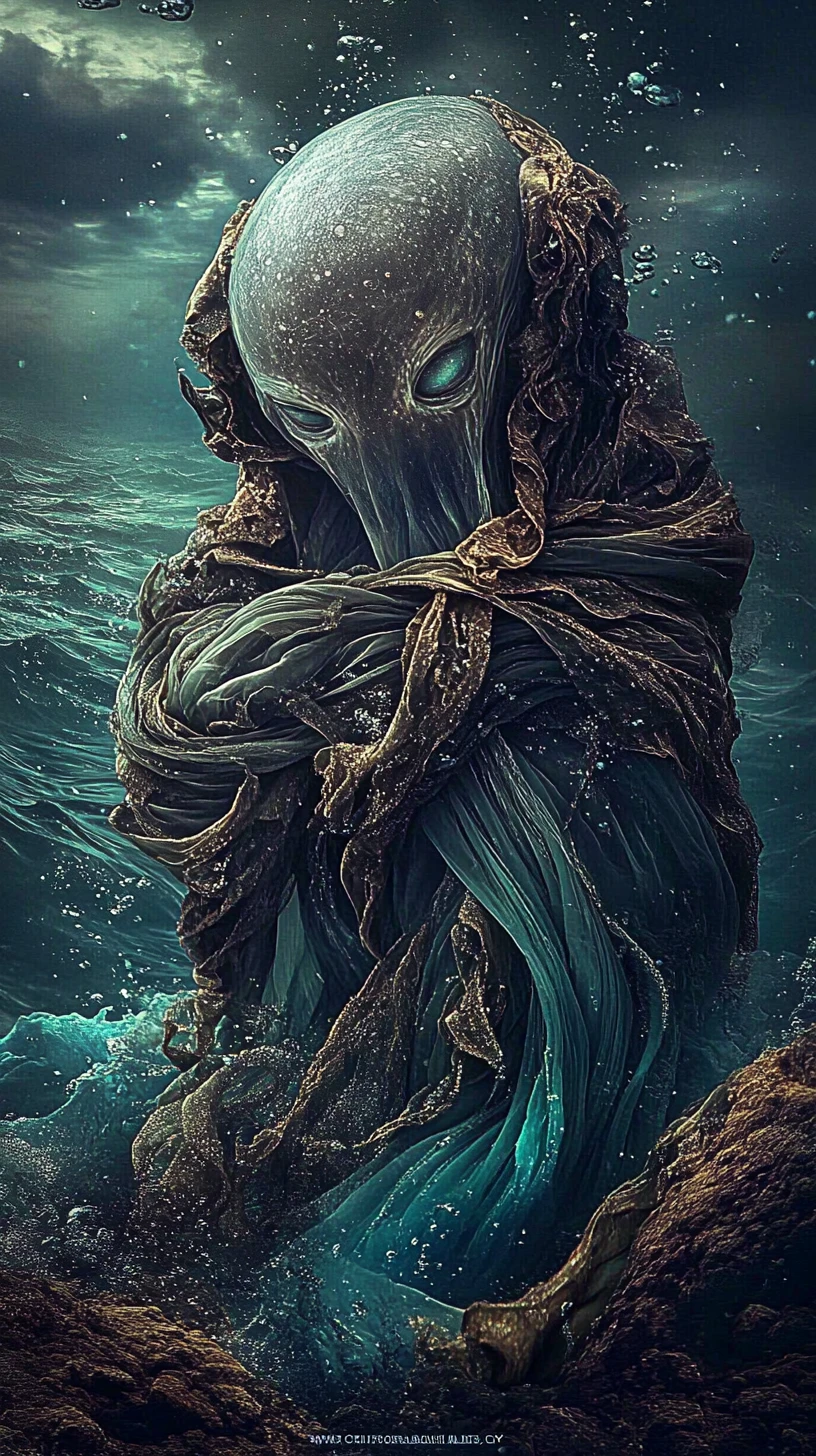 Mystical sea creature rising from dreamy teal ocean waves