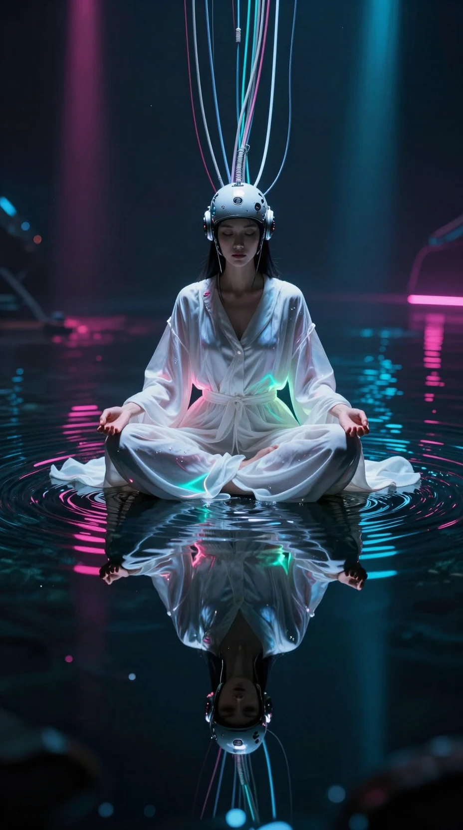 Donna cyberpunk che medita su una superficie d’acqua al neon luminosa